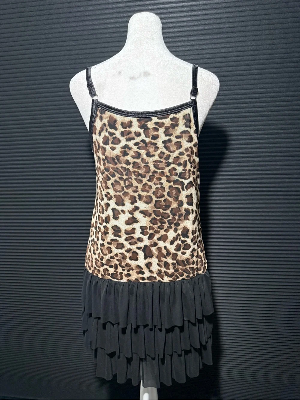 Leopard Print Cowl Neck Slip Dress with Black Tiered Skirt